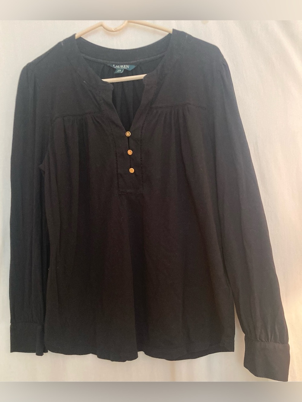 Lauren Ralph Lauren Black Long-Sleeve Henley Blouse Size Large